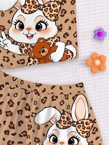 Young Girls Casual Simple Cute Cartoon Leopard Print Rabbit Graphic, Maillard Color Palette, Camisole Top And Shorts Loungewear 7th Birthday - Multicolor - View 6
