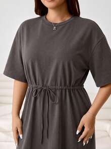 Solflare Plus Size Vintage Washed Snowflake Print Loose Long T-Shirt Dress,Adjustable Waist,Chocolate Brown,Sommar,Smart Casual,Vacation,High Street,Daily Wear - Chocolate Brown - View 5