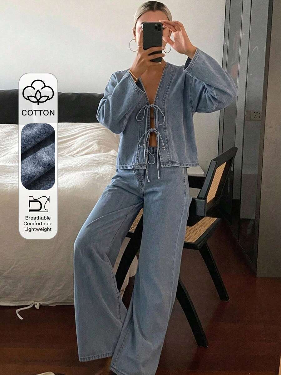 Livesso 女款夏季短袖前綁帶上衣與寬腿牛仔褲套裝 - 藍色 - 查看 1