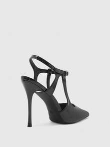 CUCCOO BIZCHIC Zapatos de tacón de aguja en forma de T con parte trasera puntiaguda y vacía, hebilla de metal, tacones altos delgados para el trabajo y el desplazamiento - Negro - Ver 3