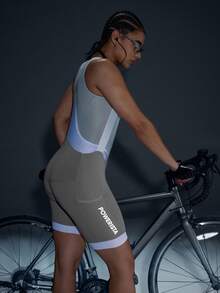 Powerista Women's Letter Print Contrast Color Bib Cycling Shorts - Grey - View 6