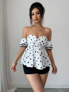 SHEIN Raffinéa Women's Polka Dot Pattern Twist Design Fashionable Off-Shoulder Blouse - White - View 4
