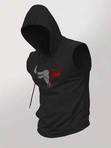 Gym Rark Conjunto deportivo para hombre con camiseta sin mangas con capucha y cordón con estampado de cabeza de toro y pantalones cortos de doble capa, para gimnasio - Negro - Ver 3