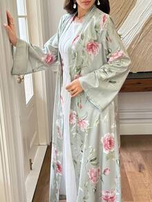 Al Najma 鼠尾草綠花卉印花女款冬季長袍，日常優雅端莊通勤款，適合洗禮賓客正式場合 - 彩色 - 查看 6