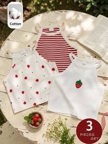 SHEIN LMoss Kids 3件/組少女草莓印花圓領休閒背心上衣，夏季時尚度假款 - 彩色 - 查看 10