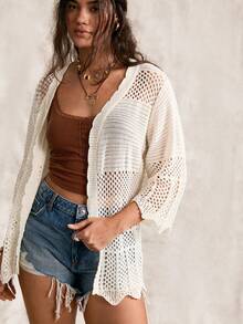Nubod Plus Size Women's Hollow Out 3/4 Sleeve Design Thin Cardigan Sweater Casual Comfortable - White - View 6