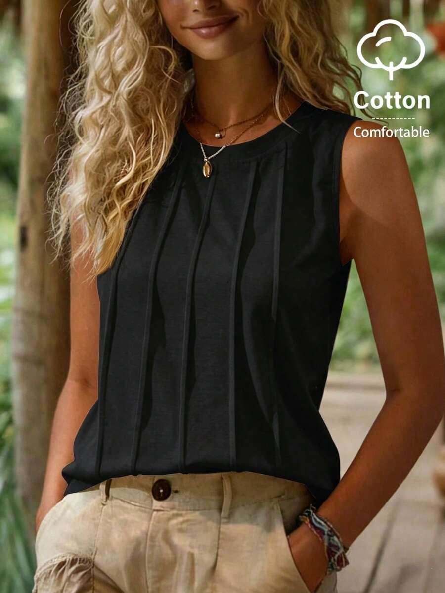 Zayélia Women's Casual Everyday Commute Minimalist Solid Color Textured Tank Top, Summer - Black - View 1