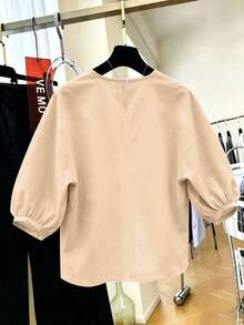 SHEIN Franclia 女款短袖花卉印花米色優雅浪漫度假派對花園襯衫 春夏季 - 杏色 - 查看 2