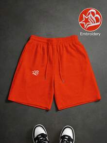 Manfinity Roghcode Men's Minimalist Embroidered Pattern Versatile Casual Knit Shorts Loose Straight Leg High Street Patchwork Sports Pants - Burnt Orange - View 4