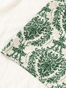 Teenager Set Asymmetrical Shoulder Top Paired With Vintage Baroque Print Shorts, 1 Random Set, Loose, Vacation, Back To School - Green - View 3