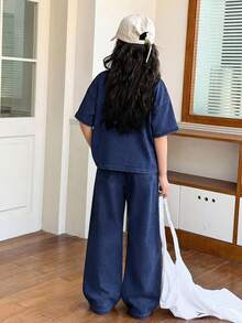 SHEIN Tween Girl Letter Print Short Sleeve Top And Denim Pants Set - Dark Wash - View 2