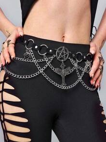 ROMWE Goth 1件裝女款法蘭絨布料蛾形十字蜘蛛鏈條裝飾深色哥德風鏈條腰帶，萬聖節配件，日常百搭 - 黑絨布十字架蜘蛛鏈條腰帶 - 查看 4