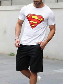 SUPERMAN X SHEIN Men's Minimalist Printed Round Neck Short Sleeve T-Shirt - White - View 4