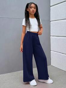 SHEIN Tween Girl Street Style Mix & Match Solid Color Straight Leg Knit Pants - Navy Blue - View 5