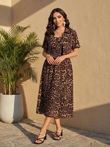 Auveirra 2pcs/Set Women Leopard Print Dress And Leopard Print Blouse Leopard Set Cheetah Print Outfit, For Going Out Vacation - Gold - View 4