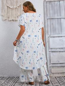 EMERY ROSE Plus Size Women's Floral Print Asymmetric Hem Shirt And Pants Casual Boho Set Vacation White Summer - Multicolor - View 2