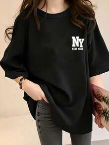 女款黑白紐約 NY 字母印花寬鬆圓領短袖 T 恤，休閒牛仔風夏季上衣，返校季校園正式風 - 黑色 - 查看 3