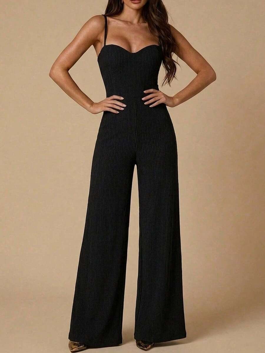 SHEIN BAE 女款純黑色內建胸墊優雅極簡細肩帶寬腿連身褲,適合約會、夜店、外出、貼身、電音派對、黑色連身褲、音樂節、早午餐 - 黑色 - 查看 1
