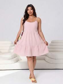 Solflare Pink Plus Size Women's Ruffle Hem Spaghetti Strap Spring/Summer Dress Beach Vacation Formal Casual - Baby Pink - View 6