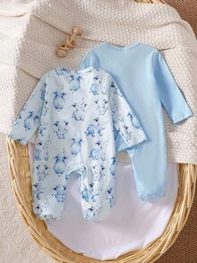新生兒長袖連身衣一體式水彩大象印花素色面料舒適睡衣家居服套裝 媽媽與寶寶的最愛 - 彩色 - 查看 2