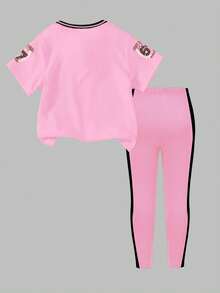 Girls' Fashion Wheat & Leopard Print Number 67 Graphic Casual Basic Short T-Shirt And Leggings Set, Cozy Summer And Fall Styles, Suitable For All Seasons, Sets - Multicolor - View 2