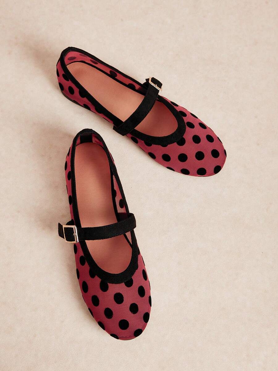 Rosivie Women's Shoes Women's Flat-Soled Shoes, Bohemian Style, Wear, Breathable Polka Dot Details, Fashionable Hollow, Buckle Design, Low Vamp Round Toe, Comfortable, Suitable For Going Out, Christmas Holiday Travel Must - burgundy wave - View 1