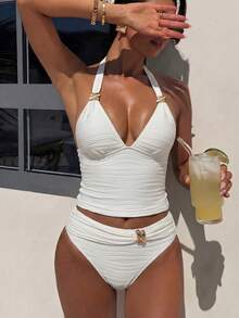 Bonvoyette 2026 New Solid Color Textured Fabric Women's Spaghetti Strap Tie V-Neck Tankini With Premium Metal Decoration, Summer Beach Casual Vacation Style Women's Tank Top Bikini Set - Apricot - View 5