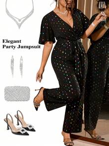 Cravure Plus Size Women Laser Sequin Waist Cinching Elegant Jumpsuit - Black - View 1