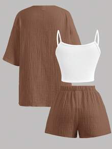SHEIN 兒童青少年女孩純色細肩帶上衣＋純色開襟外套＋短褲休閒日常套裝 - 棕色 - 查看 2