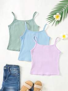 SHEIN Kids Tween Girl Sports Street Style Knit Solid Color Camisole Tank Top 3pcs Set - Multicolor - View 2