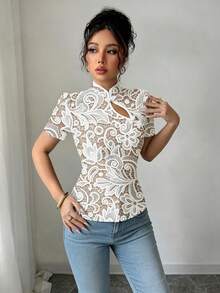 Elenzga 萬聖節女款黑色極簡修身短版立領T恤服裝 - 米色 - 查看 3