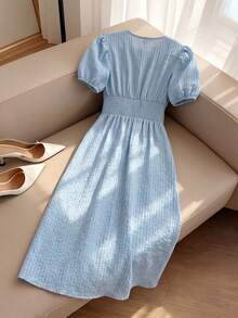 Selianne Women's Spring/Summer French Romantic Sicilian Exquisite Elegant Casual Commute Vacation Afternoon Tea Party Solid Color Jacquard Textured Fabric V-Neck Decorative Button Hem Split Back Waist Elastic Lantern Sleeve Short Sleeve Long Dress - Blue - View 2