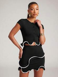 NYA SZN Matching Set Top And Skirt Mini Length Short Sleeve Button Front Wire Hem Baby Shower Special Event Summer Yellow Outfits For Women - Black and White - View 3