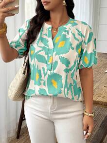 Weeklong Plus Size Women's Spring/Summer Notched Neck Elastic Cuff Botanical Print Casual Vacation Shirt - Multicolor - View 5