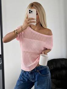 SHEIN EZwear 女士休闲沙滩度假纯色不对称领蝙蝠袖短袖透视开襟针织上衣 - 淺粉色 - 查看 4