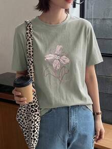 DAZY 夏季新款海灘度假寬鬆休閒花卉印花女款T恤圖案上衣 - 綠色 - 查看 5