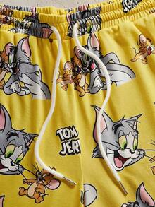 TOM & JERRY X SHEIN 男士卡通印花短袖上衣與短褲家居服套裝 - 黃色 - 查看 5