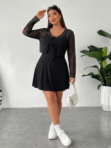 SHEIN EZwear Conjunto de 2 piezas para mujer talla grande con cárdigan de punto de frente abierto & vestido de tirantes finos de unicolor - Negro - Ver 6