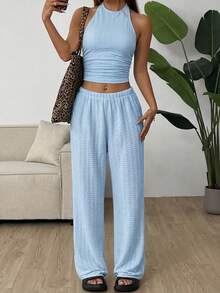 SHEIN EZwear 蓝色针织女式休闲运动套装 - 藍色 - 查看 7