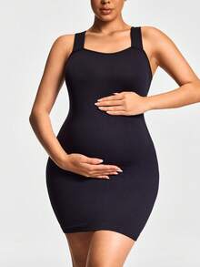SHAPORA Seamless Maternity Mid Thigh Bodysuit Pregnancy Shapewear Body Shaper Butt Lifter With Adjustable Straps-Accommodate Growing Tummy&Waist - Black - View 3