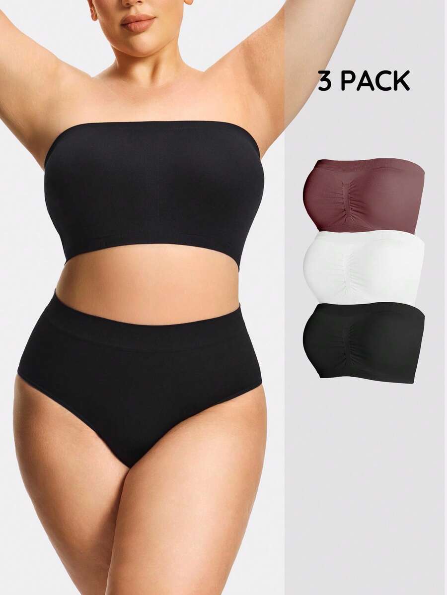 SHAPORA 2026 Hot Selling Women's Fashionable & Comfortable Minimalist Solid Color High Quality Seamless Plus Size Bandeau Bra 3 Pieces Set - Multicolor - View 1