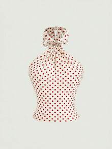 SHEIN MOD 女款掛脖無袖金屬鈕扣波點背心上衣 - 紅白色 - 查看 7