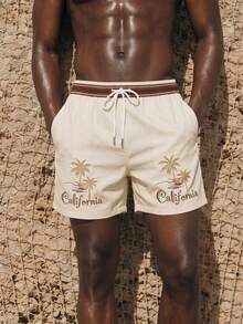Palasendo Pantalones cortos de playa para hombre con estampado de cocoteros y letras, con cordón en la cintura, para el verano - Albaricoque - View 6
