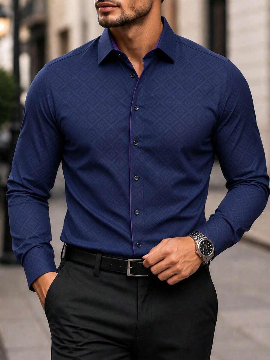 Manfinity Bizformal 男士商務休閒深色拼接壓花面料長袖襯衫,正式款 - 藏蓝色 - 查看 1