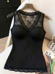 Franclia 女士优雅蕾丝拼接V领吊带衫 - 黑色 - 查看 1