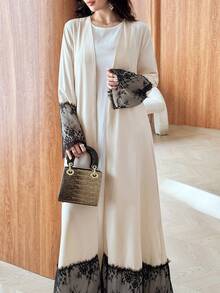 Yasmyna Loose Fit Black Lace Patchwork Daily Women's Arabic Abaya - Apricot - View 6
