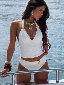 Bonvoyette 2026 New Solid Color Textured Fabric Women's Spaghetti Strap Tie V-Neck Tankini With Premium Metal Decoration, Summer Beach Casual Vacation Style Women's Tank Top Bikini Set - Apricot - View 4