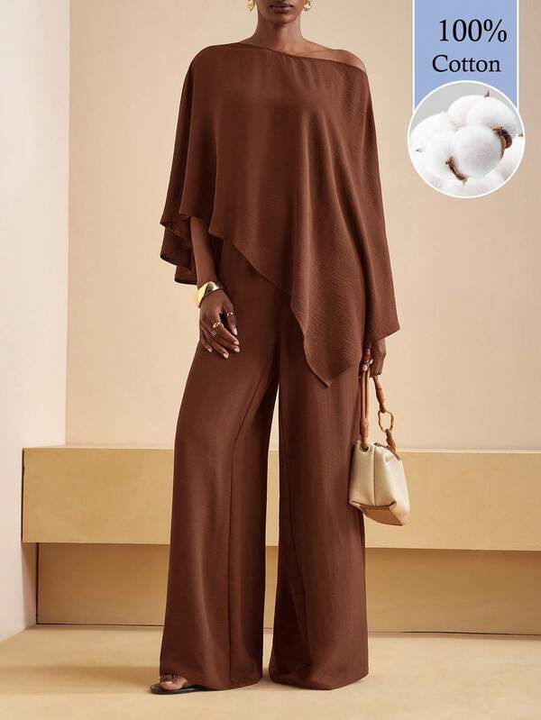  2026 Zivah  Latest Women's Brown Loose-Fitting One-Shoulder Asymmetrical Top, Paired With Wide-Leg Pants, Is Made From 100% Cotton.