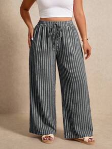 Elaquor Plus Size Women's Drawstring Waist Striped Pattern Loose Versatile Long Pants - Black - View 5