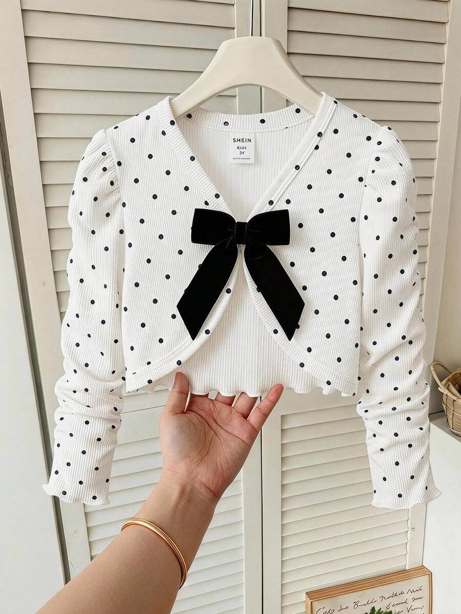 SHEIN 女童波點圖案蝴蝶結長袖秋季上衣 - 彩色 - 查看 1